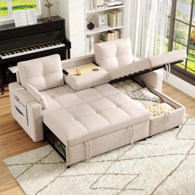 Modulares Ecksofa mit Schlaffunktion und reversiblem Liegeelement, 3-4 Personen, Beige - Bild 1