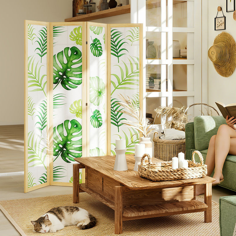HOMCOM Paravent 4-teilig aus Kiefernholz mit Palmenblatt-Design in Naturholz und Grün, freistehender Raumteiler im Boho-Stil, B/H: 160 x 170 cm - Bild 2