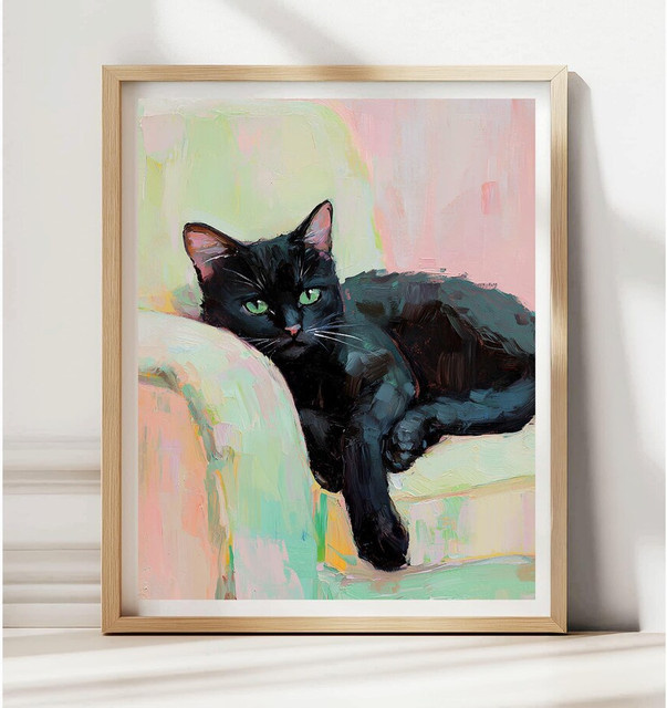 Impressionistischer Wanddruck von SHENCHEN mit schwarzer Katze und grünen Augen als strukturiertes Ölgemälde auf Papierposter in Schwarz und Multicolour - Bild 1