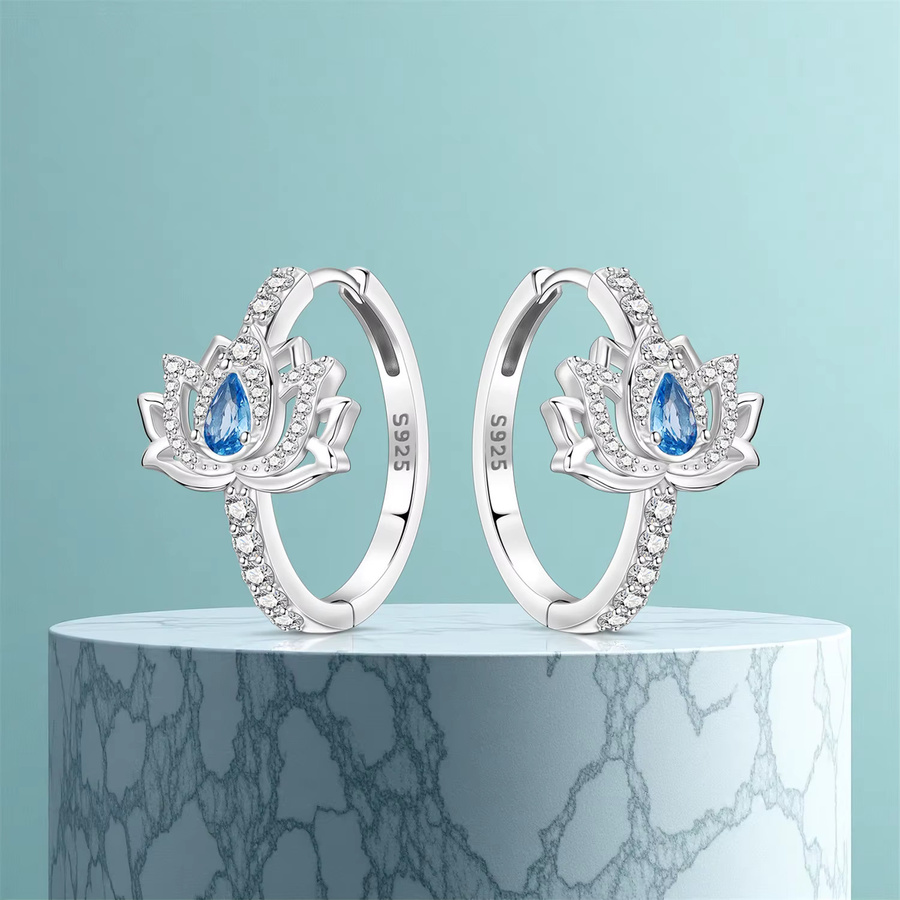 CYCUFF Creolen, 925 Silber, Blaue Lotusblüten, Zirkonia, Damen - Bild 4