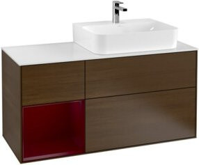 Villeroy & Boch Finion Waschtischunterschrank mit Glasabdeckplatte und linkem Regal in Walnut Veneer, Breite: 120 cm, Tiefe: 50,1 cm, Höhe: 50,1 cm - Bild 1