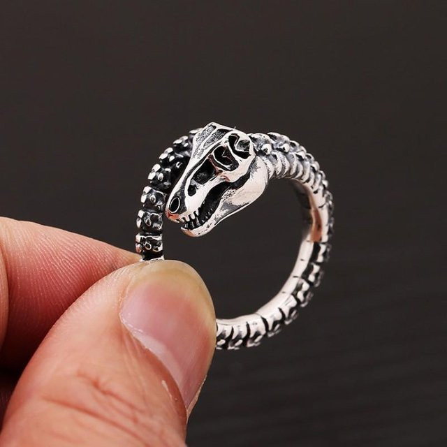 Ring 925 Silber, Dinosaurier Fossil Schädel Design, Unisex, grau - Bild 1