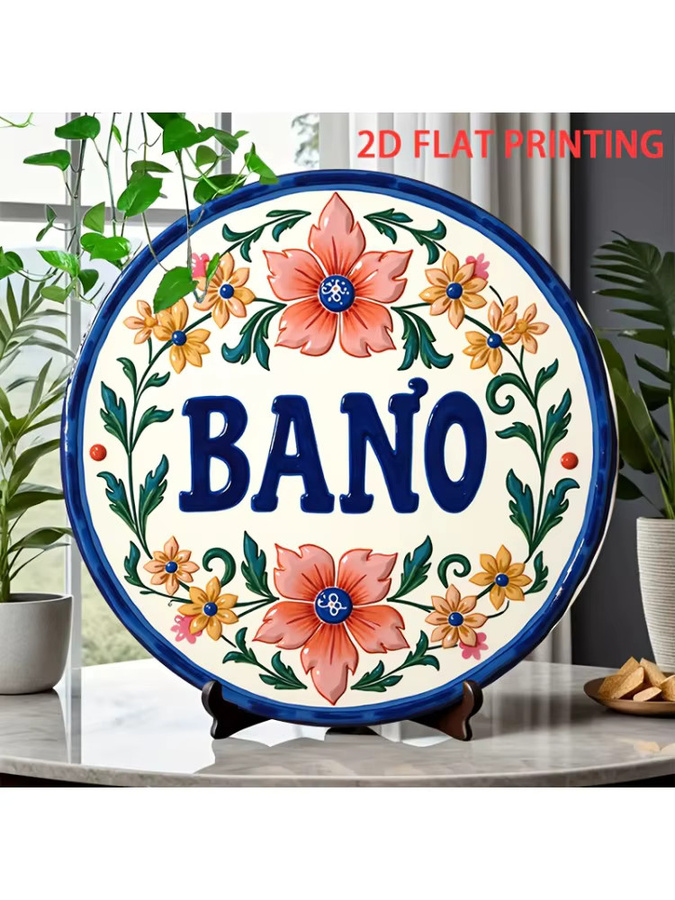 Rundes mexikanisches Talavera-Blechschild von Potdemiel mit Bano-Schriftzug, Vintage-Blumendesign in Blau und Orange, Durchmesser: 20,3 cm - Bild 7