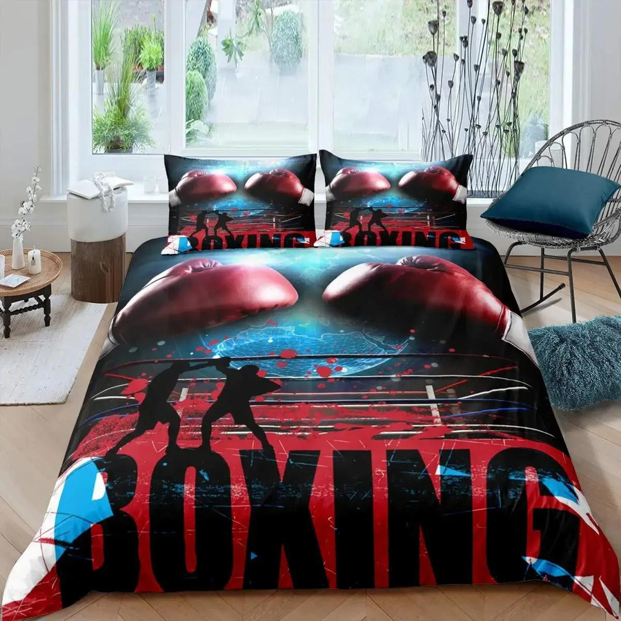 Bettwäsche-Set Boxen mit Boxhandschuhen und Athleten-Silhouette für Queen-Betten, Bettbezug und Deckenbezug mit Reißverschluss, Breite: 133 cm, Länge: 200 cm (Hinweis: Da im Text nur 70x133cm steht, was für ein Queen-Set unlogisch ist, wird nur das vorhan - Bild 1