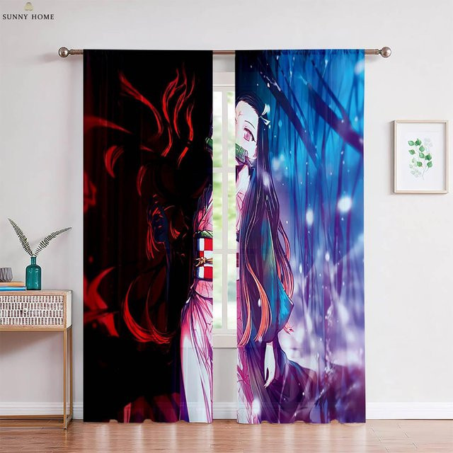 Yiran Furniture Anime Vorhänge mit Heißblütiges Mädchen Motiv, 2er Set, halbtransparent, Multicolour, Breite: 75 cm, Höhe: 166 cm - Bild 1