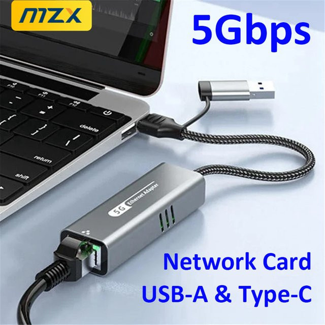 MZX USB A und USB C zu RJ45 Ethernet LAN Adapter 5000Mbps Wired Networking Konverter in Silber - Bild 1