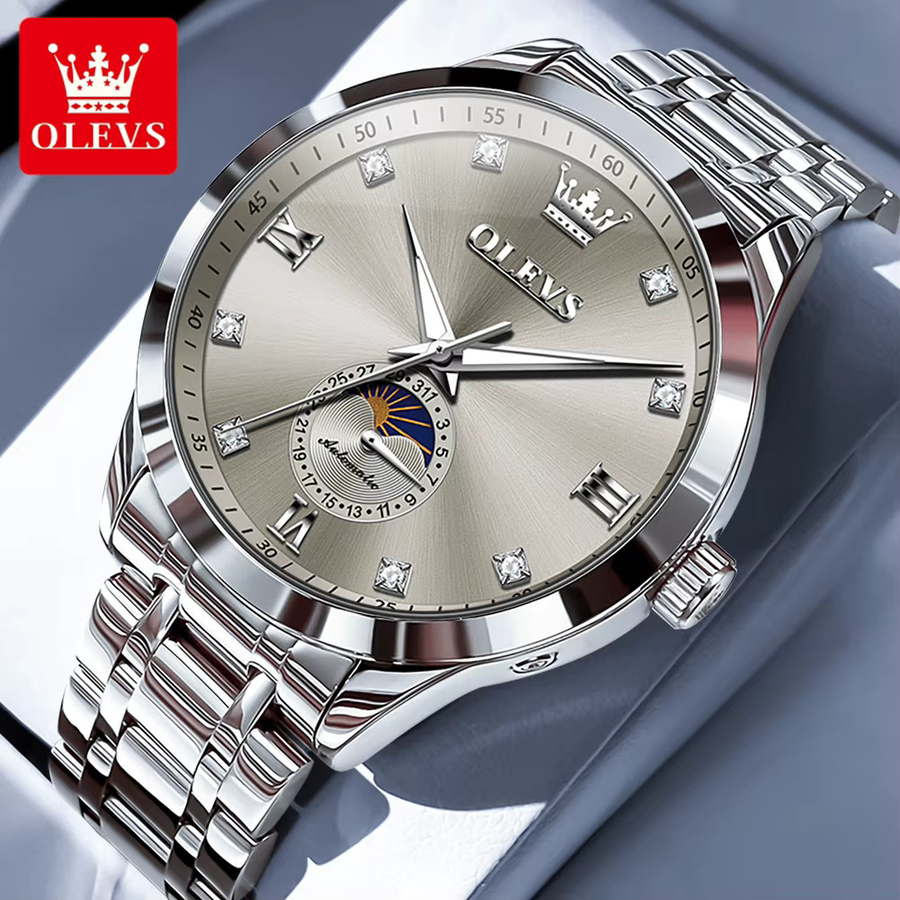 OLEVS Armbanduhr, Automatik, Edelstahl, Silber, Diamant, Mondphase, Herren - Bild 2