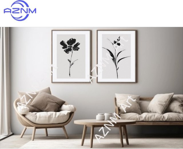 AZNM Boho Blumen-Linienkunstdrucke Set in Schwarz mit botanischem Floral-Design - Bild 1