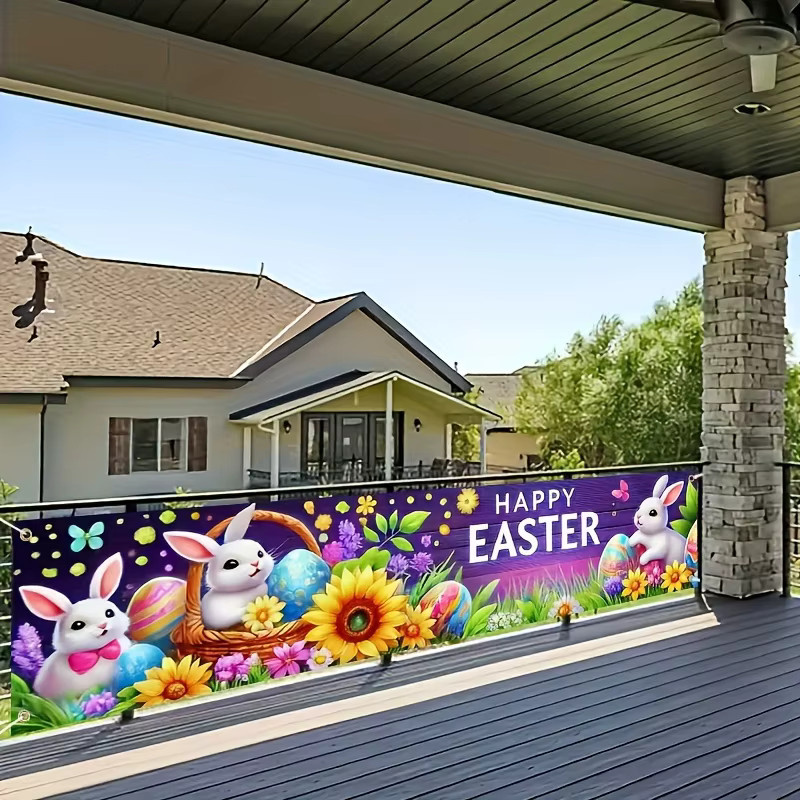 VIKAMA Ostern Banner mit bunten Kaninchen, Karotten und Eiern in Mehrfarbig zur Dekoration für Garten und Heim - Bild 2