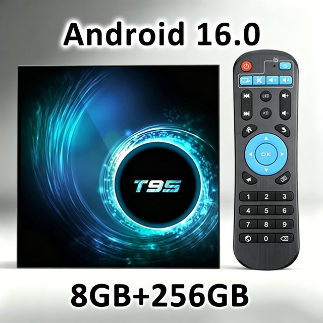 UOSU Smart TV Box T95 mit Android 16, Allwinner H616, 8GB RAM, 256GB Speicher, 8K HDR Video, Dual WLAN, Bluetooth, Netflix und Google Assistant, Schwarz - Bild 1