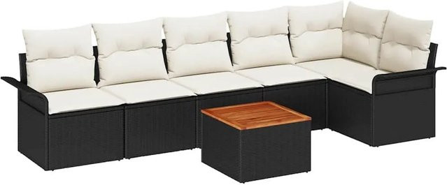 vidaXL 7-teiliges Gartensofa-Set aus Polyrattan und Akazie mit Kissen in Schwarz-Creme - Bild 1