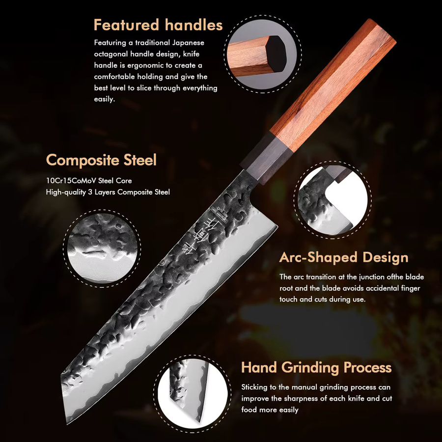 TUEWHO Kiritsuke-Messer aus handgeschmiedetem 3-lagigem Verbundstahl mit Holzgriff, 20,8 cm Profi-Kochmesser - Bild 5