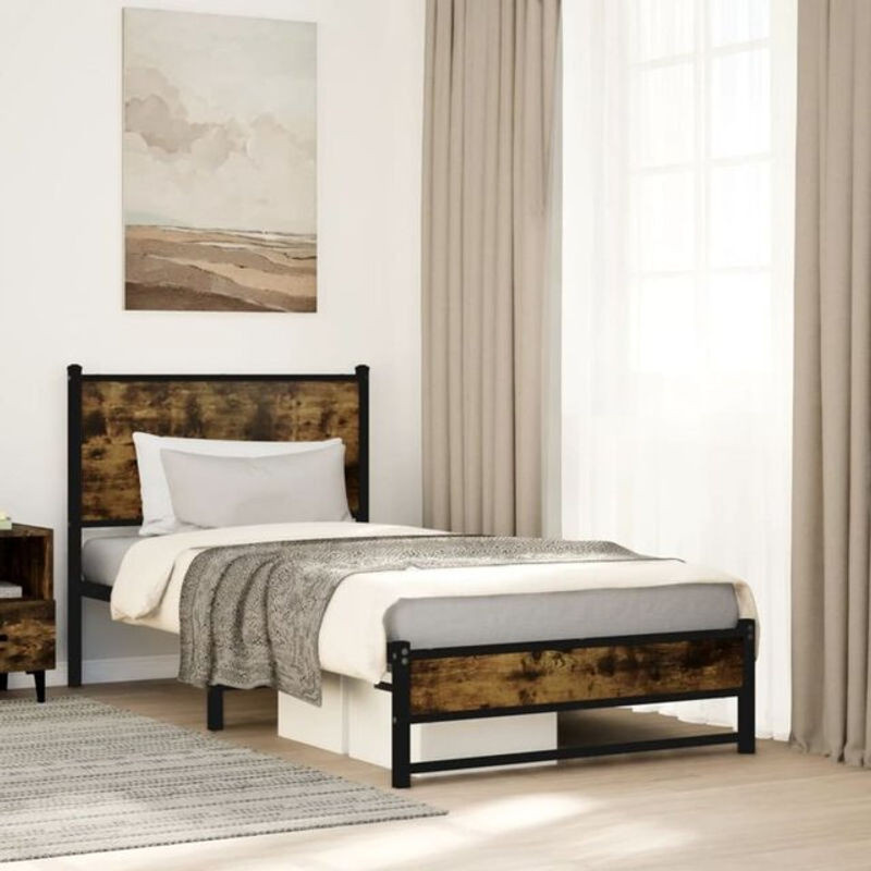 Metallbett Vidaxl in Räuchereiche Braun im Industrial Design aus Metall und Holzwerkstoff B/T/H: 90 x 190 x 95 cm ohne Matratze - Bild 1