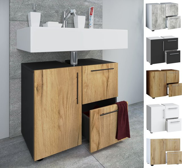 VCM Waschbeckenunterschrank Flandu in Braun mit Holzstruktur-Nachbildung, 1 Drehtür und 2 Schubladen, H x B x T: 51 x 61 x 32 cm - Bild 1