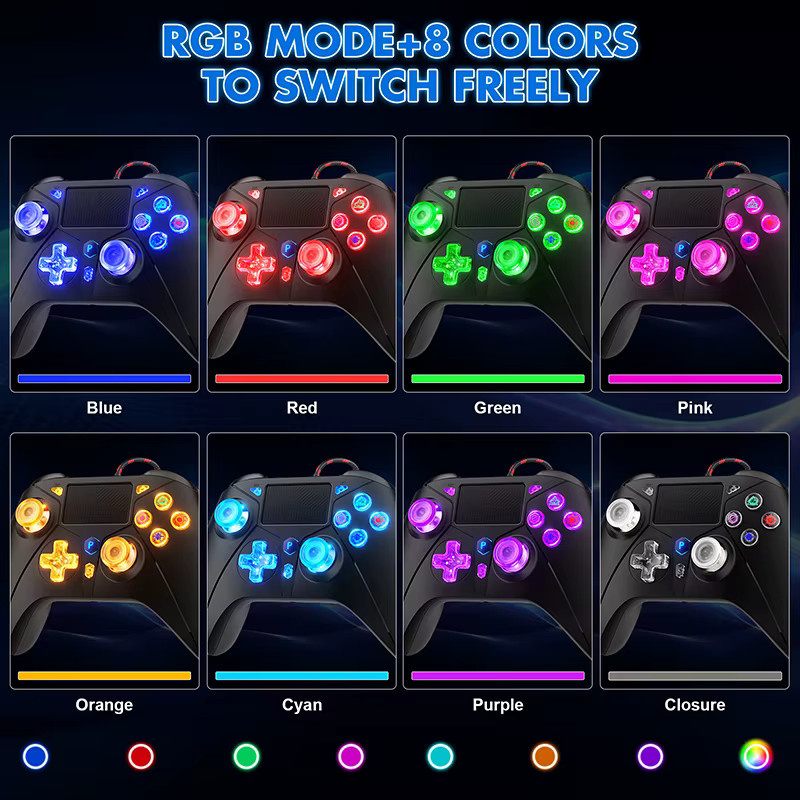 Bonacell RGB Gaming Controller für PS5, PS4 und PC, kabelgebundenes Gamepad mit Dual Vibration und 8 Farben, Schwarz/Multicolor - Bild 5
