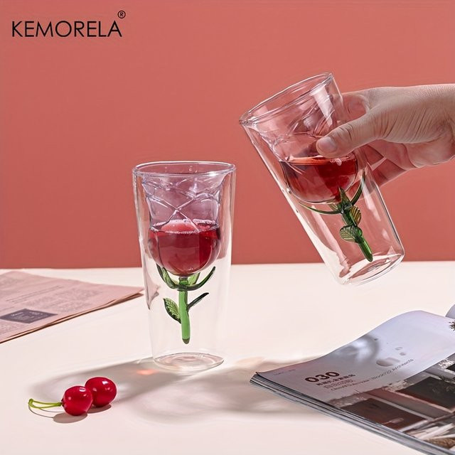 KEMORELA INS Doppelschichtiges Weinglas aus Glas in Rosenform, Farbe Pink/Transparent - Bild 1