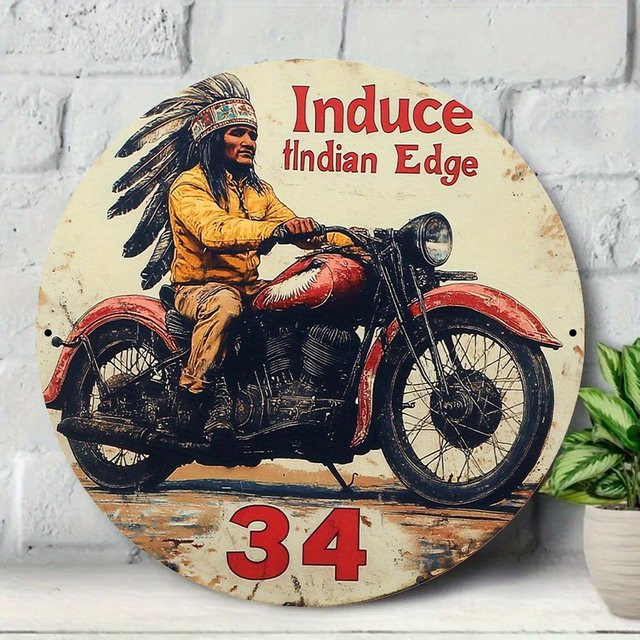 Potdemiel Indianer-Motorradkunst Wanddeko Induce Indian Edge im Vintage-Stil, runde Metallwandplatte, Mehrfarbig, Durchmesser: 20 cm - Bild 1