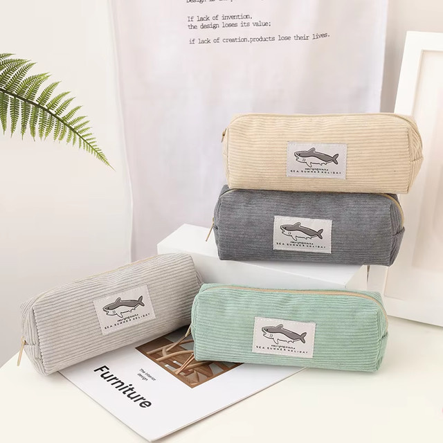 LUSQI Federmäppchen Hai-Design aus Cord in Beige, schmutzabweisendes Schreibwarenetui für Studenten und Unisex-Nutzung - Bild 1