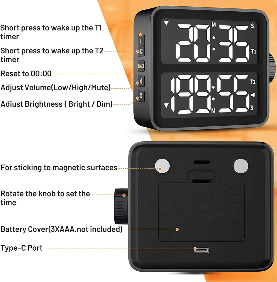 NOKLEAD Elektronischer Timer-Knopf mit LCD-Digitalanzeige in Schwarz für Küche, Arbeit und Fitness - Bild 4