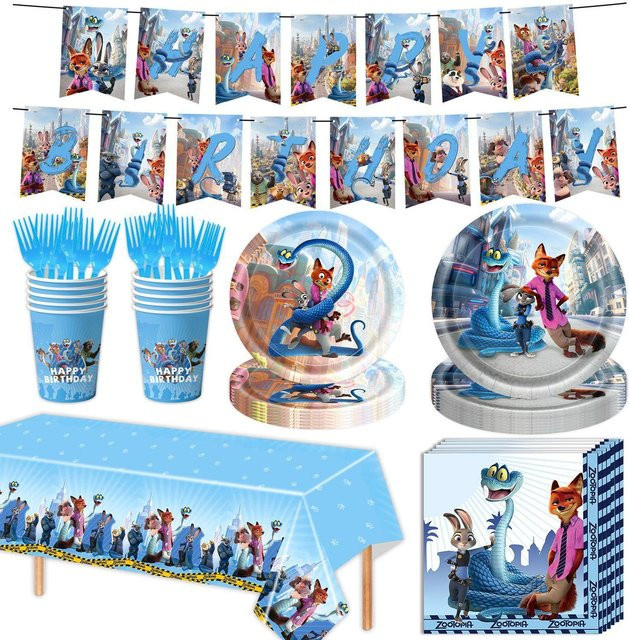 KIDSW Zootopia Partyzubehör Set für Kinder in Mehrfarbig mit Banner, Papptellern, Pappbechern, Servietten und Tischdecke - Bild 1
