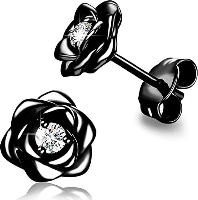 Huitan Ohrstecker, Blumen, Zirkonia, Schwarz, Damen - Bild 1