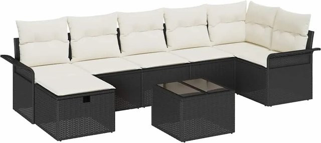 vidaXL Gartensofa-Set 8-teilig aus Poly-Rattan in Schwarz und Beige mit Kissen und Couchtisch - Bild 1