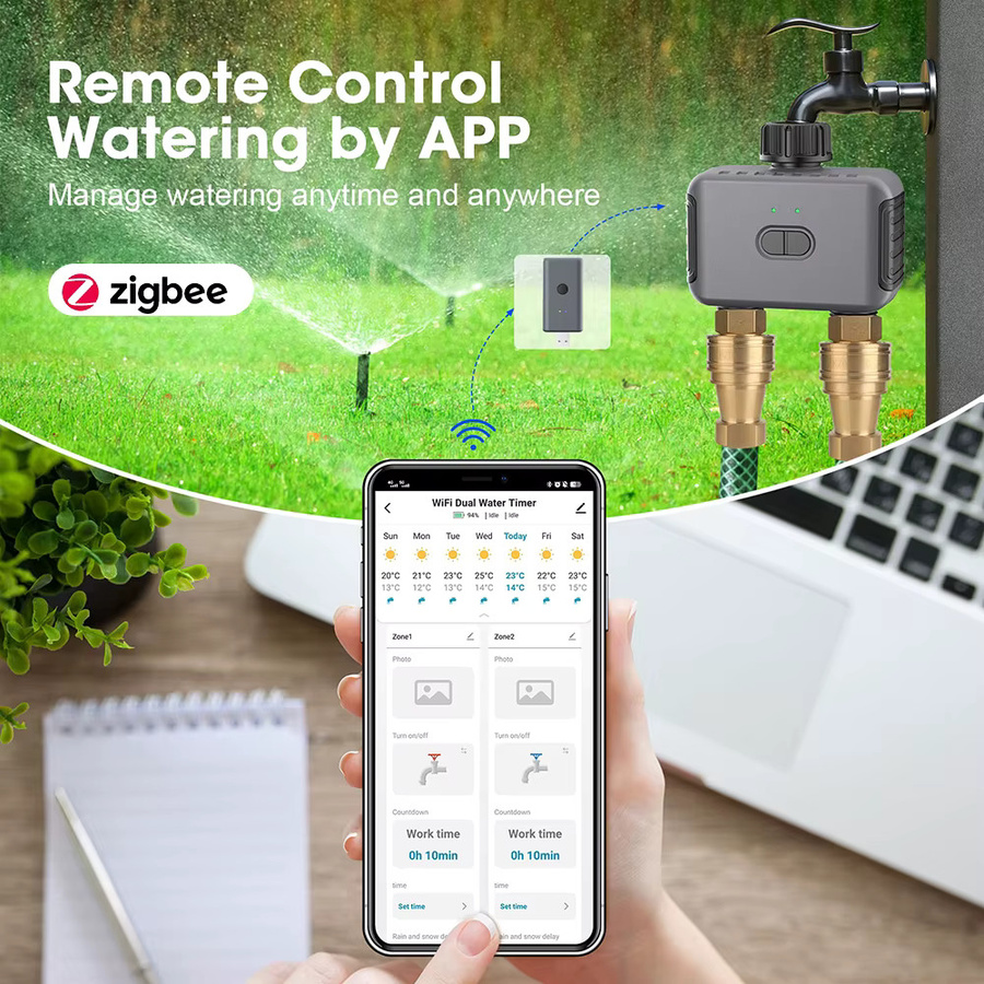 JUANJUAN Smart Bewässerung Timer mit 2 Auslässen, Bluetooth und Zigbee, programmierbarer Garten Wasser Timer für Schlauch und Sprinkler, kompatibel mit Alexa, Grau - Bild 2