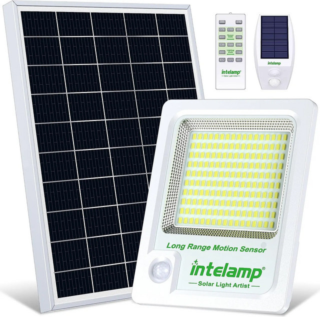 Intelamp Solar Außenleuchte mit Bewegungssensor und Fernbedienung, Weiß, Wandstrahler für Garten und Veranda - Bild 1