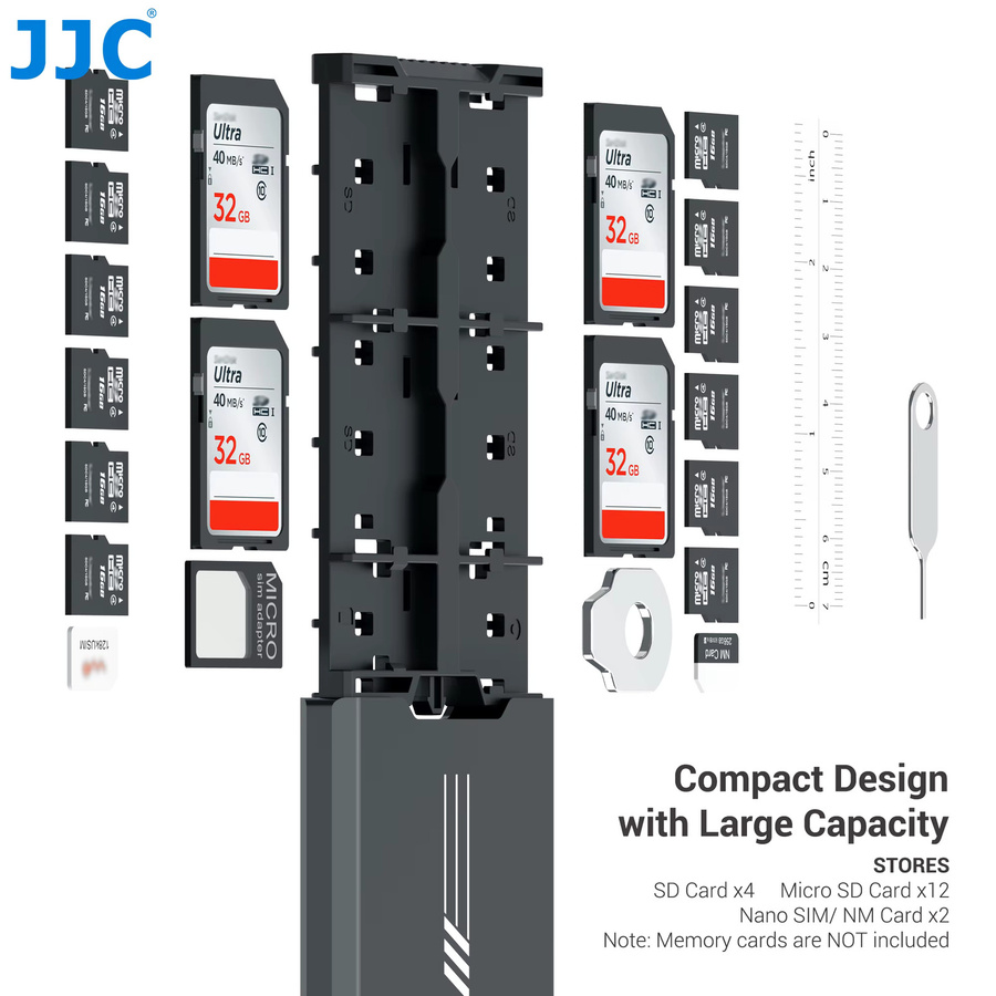 JJC Speicherkartenetui in Schwarz mit 18 Steckplätzen und Pop-up-Design für SD, MicroSD/TF und Nano-SIM/NM-Karten inklusive Karabiner - Bild 2