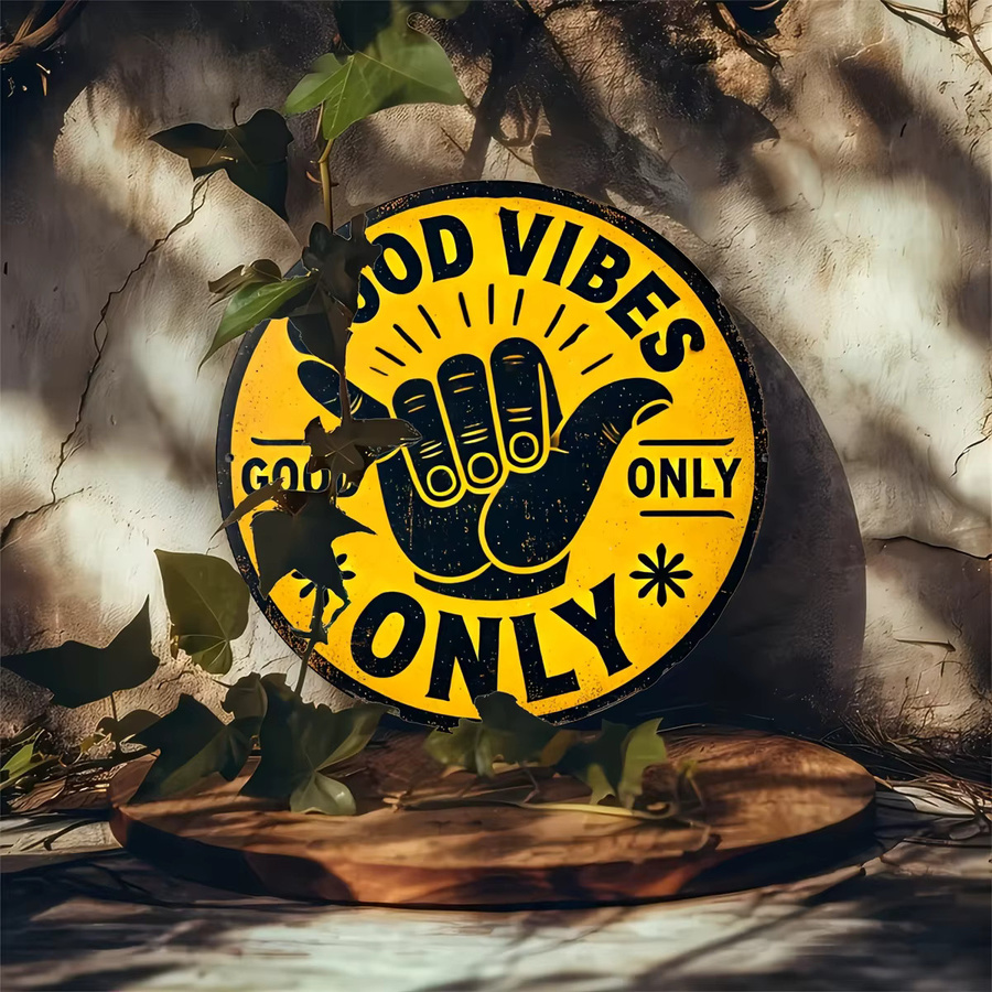 Potdemiel Rundes Vintage-Aluminiumschild Good Vibes Only in Gelb, Durchmesser: 19,8 cm - Bild 5