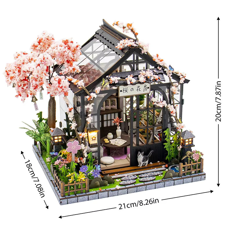 zuuton Sakura-Gewächshaus-Puppenhaus-Set, 3D-Miniaturhausmodell aus Holz, mit LED-Licht - Bild 5