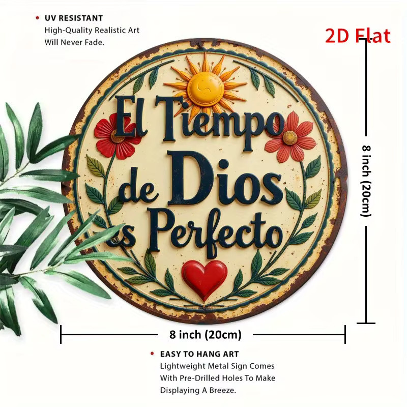 Rundes Vintage-Wandschild aus Eisen von Potdemiel mit Sonnendesign und Spruch El Tiempo de Dios Es Perfecto in Mehrfarbig, Durchmesser: 20 cm - Bild 2