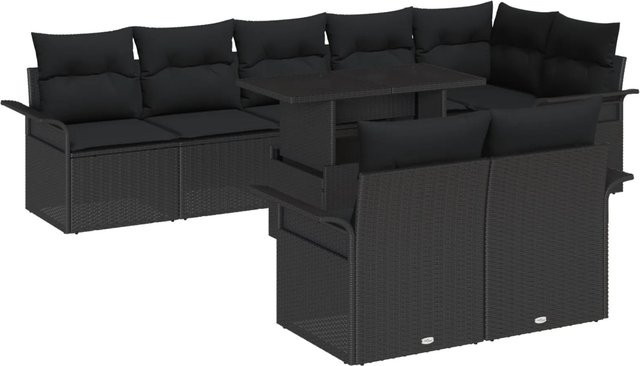 vidaXL Garten-Sofa-Set aus Poly Rattan in Schwarz, 9-teiliges L-Shape Lounge-Set mit Kissen und Tisch - Bild 1