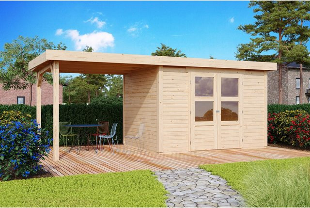 Karibu Gartenhaus Calabar 2 Set naturbelassen mit Boden, Anbaudach und Dachfolie, Breite: 2,40 m - Bild 1