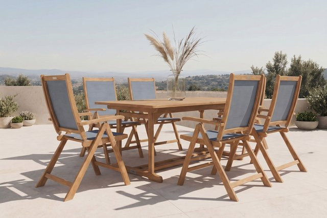 OUTFLEXX Garten-Essgruppe aus Akazie und Textilene in Natur/Grau mit Ausziehtisch und 6 Klappstühlen, FSC-zertifiziert - Bild 1