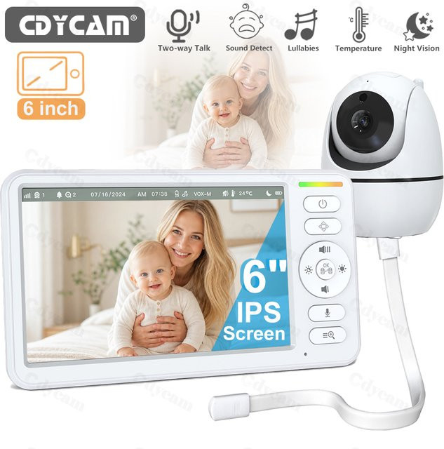 Cdycam WLAN-freies Babyphone mit 6-Zoll-Bildschirm in Weiß mit Video-Upgrade, Nachtsicht, Schwenk-Neige-Zoom, VOX-Modus und 2-Wege-Kommunikation - Bild 1