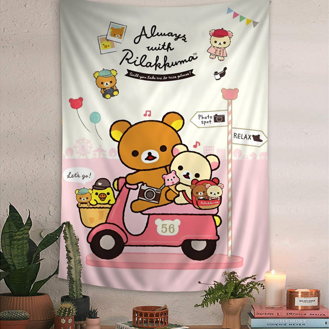 San-X Rilakkuma & Korilakkuma Scooter Wandteppich in Rosa mit Tier-Motiven, rechteckiger Wandbehang B: 40 cm, H: 40 cm - Bild 1