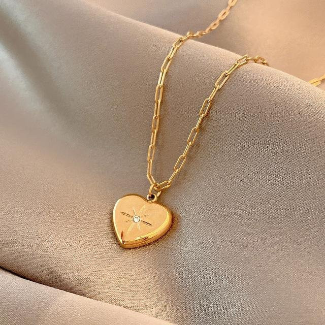 Wucifang Jewelry Halskette mit Herz Anhänger, Edelstahl, Gold, Zirkonia, Damen - Bild 1