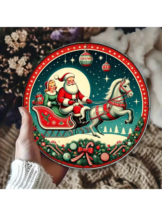 HELLOYOUNG Vintage Weihnachts-Wandkunst aus Aluminium mit Weihnachtsmann im Schlitten, rund, Silber/Mehrfarbig, Durchmesser: 20 cm - Bild 5
