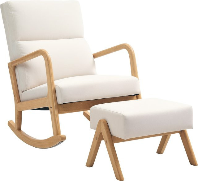 HOMCOM Schaukelstuhl mit Hocker in Cremeweiß, Relaxsessel mit Leinenoptik und Holzbeinen für Wohnzimmer oder Schlafzimmer - Bild 1
