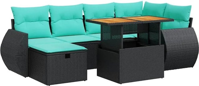 vidaXL 7-teilige Garten-Sofagarnitur in L-Form aus Polyrattan und Akazie mit Kissen in Grau - Bild 1