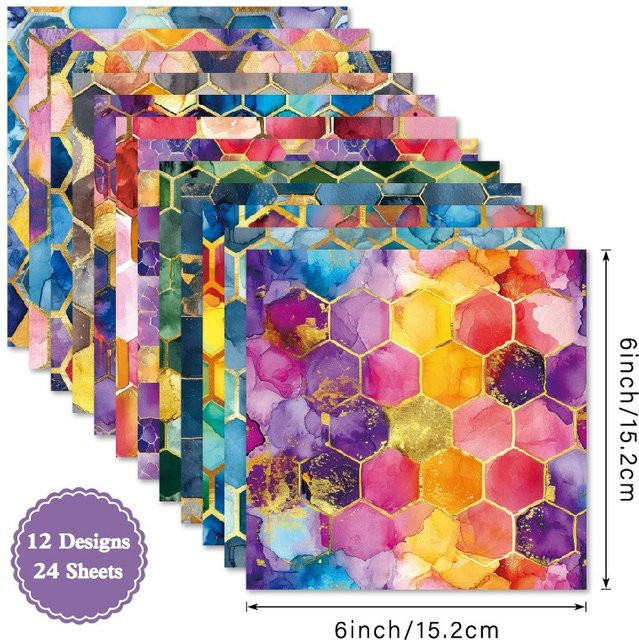 Alinacutle Vergoldetes Bienenwaben-Papierpaket mit 24 Blatt in Gold und Multicolour, Gemustertes Bastelpapier für Scrapbooking, Breite: 15,2 cm - Bild 1