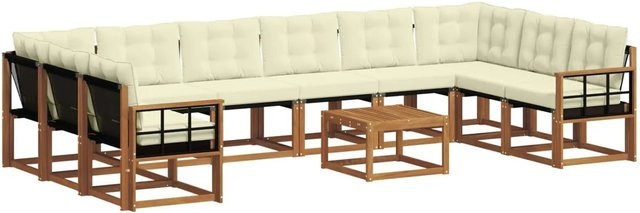 vidaXL Outdoor-Sofagarnitur aus Akazienholz in U-Form mit Textilene und Kissen, 11-tlg., Natur und Creme - Bild 1