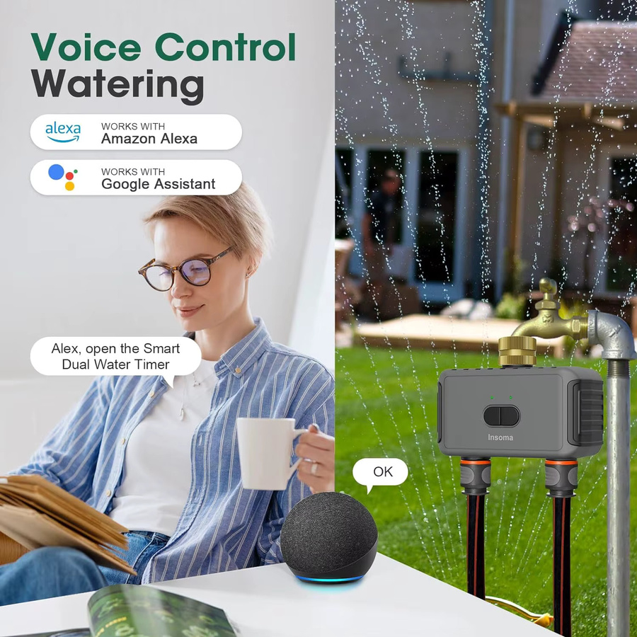 Insoma Wasserhahn Schlauch Timer mit Dual Outlet für die automatische Gartenbewässerung in Grau - Bild 2