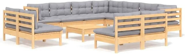 vidaXL 12-tlg. Garten-Lounge-Set aus massivem Kiefernholz mit grauen Polsterkissen in Braun-Grau - Bild 1