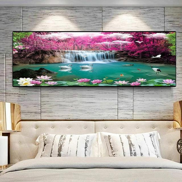 Moderne Landschaft Leinwandmalerei mit Wasserfall, Wald, Schwan und Lotus, Multicolor, B: 40 cm, H: 20 cm - Bild 1