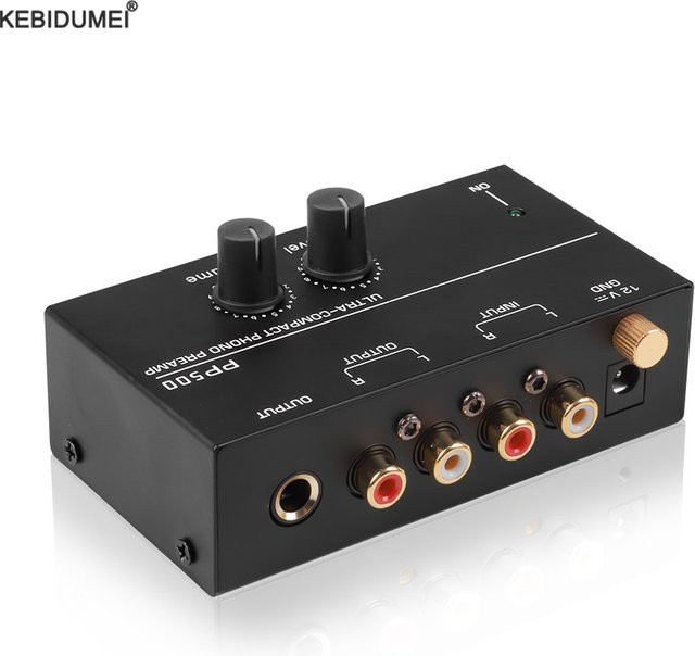 Kebidumei Phono-Vorverstärker in Schwarz mit Stufenlautstärkeregler, 2 x RCA-Eingang, 2 x RCA-Ausgang und 1/4 Zoll TRS-Ausgangsschnittstelle - Bild 1
