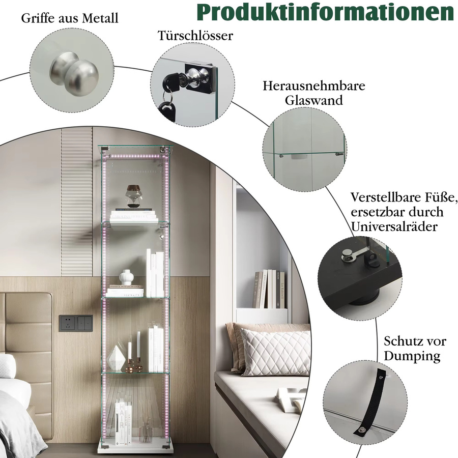 Comanlai Glas-Vitrine in Weiß mit LED-Beleuchtung, 4-stufiger moderner Sammlerschrank mit Glastüren und Schloss - Bild 4