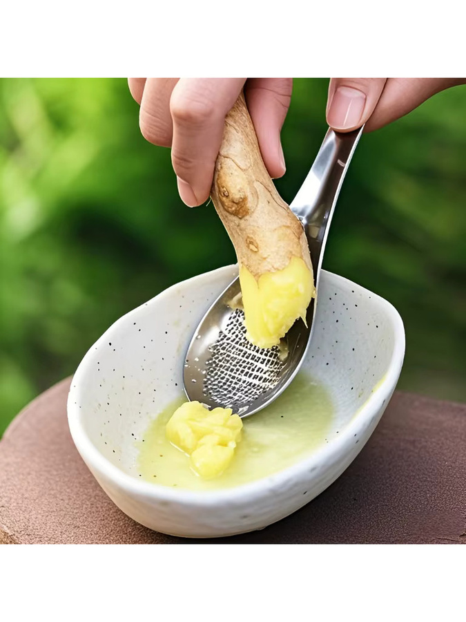 Edelstahl Knoblauchpresse und Reibe in Silber für Knoblauch, Ingwer, Obst und Gemüse mit Löffel-Funktion - Bild 7