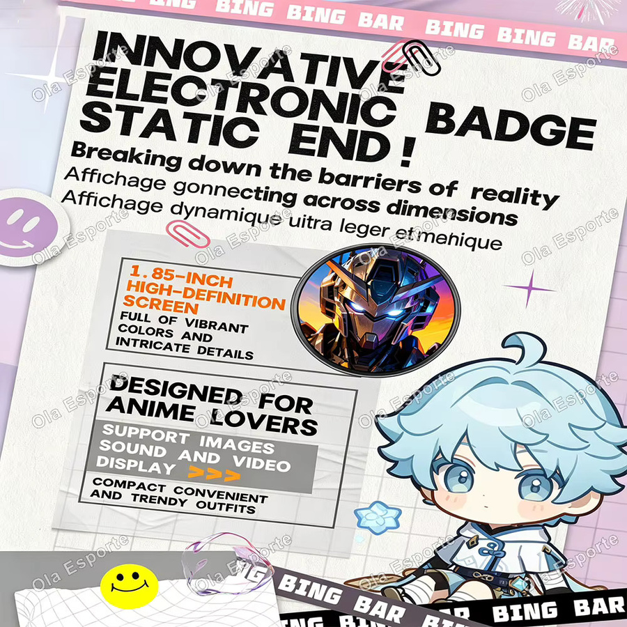 Ola Esporte GIF Dynamisches Anime Smart E-Badge mit Regenbogenlicht und Foto-Video-Player in Gold und Multicolour - Bild 2